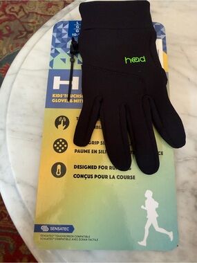 HEAD Black Gloves with Neon Green Logo - Kids Touchscreen Running Gloves